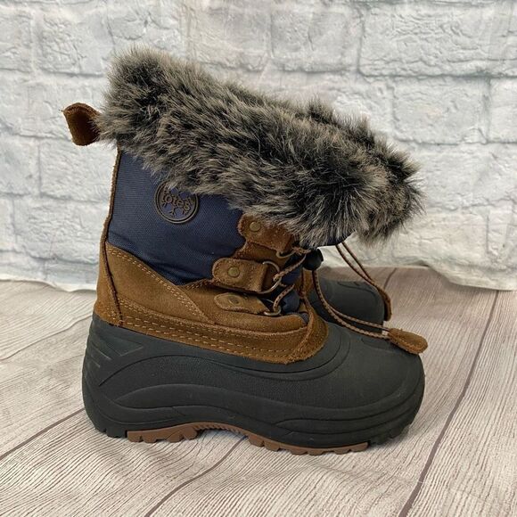 Totes Morris youth 3 winter snow boots w/leather and rubber upper brown black - Picture 1 of 9